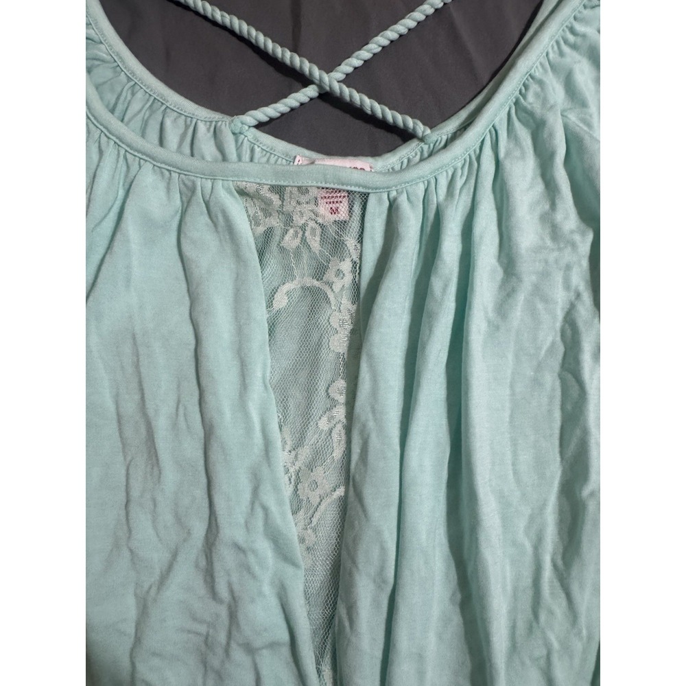 Bongo Women's M Blue Knit Scoop Neck Cap Sleeve Lace Back Stretch Blouse